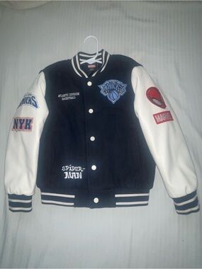 Marvel Navy and White NY Knicks Spider-Man Varsity Jacket Kids 5-6Yrs